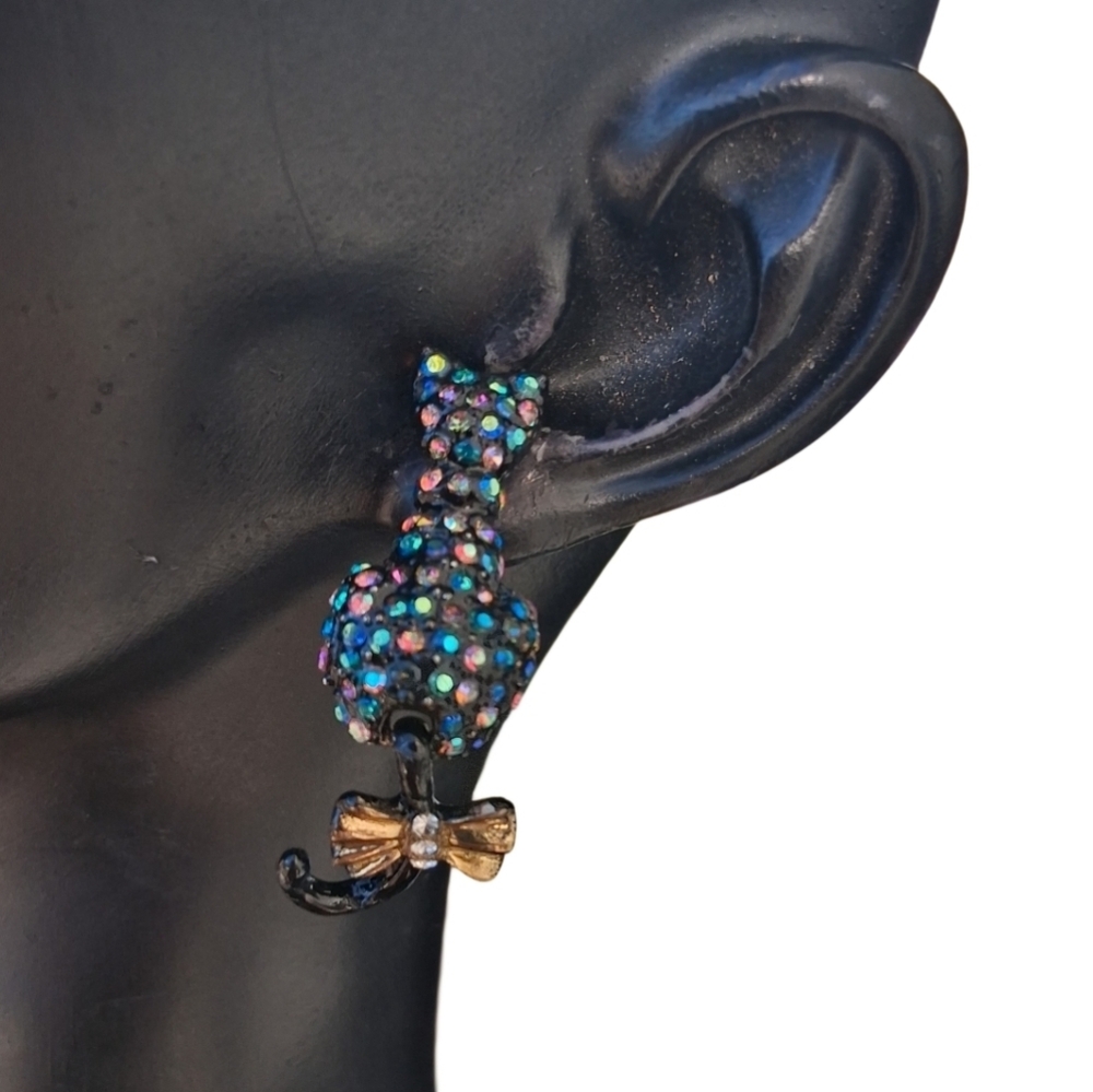 Betsey Johnson Iridescent Crystal Black Cat Drop Earrings Articulated Tail